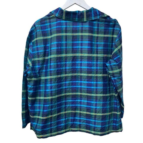 CHICOS Silk Shirt Jacket Size Large Womens Blue Green Plaid Top 3/4 Sleeve - Picture 6 of 9